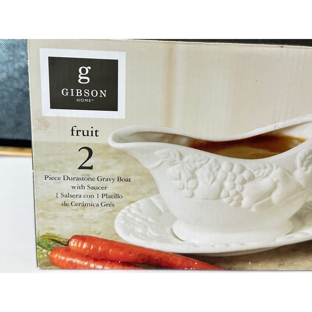 Gibson Home Fruit Gravy Boat with Saucer 2 Piece Durastone White Embossed Grapes